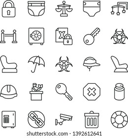 thin line vector icon set - mark of injury vector, spectacles, scales, toys over the cot, diaper, nappy, powder, Baby chair, car child seat, construction helmet, dust bin, lock, key, umbrella, safe