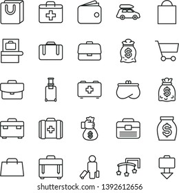 thin line vector icon set - paper bag vector, first aid kit, toys over the cot, of a paramedic, medical, portfolio, suitcase, case, with handles, cart, briefcase, wallet, purse, money, dollars, hand