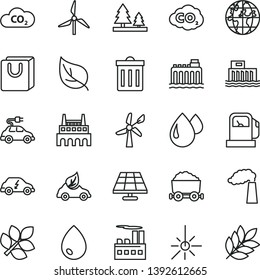 thin line vector icon set - bin vector, drop, bag with handles, solar panel, leaf, gas station, windmill, wind energy, manufacture, hydroelectric, hydroelectricity, forest, industrial building, CO2