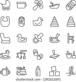 thin line vector icon set - toys over the cradle vector, dummy, mug for feeding, bottle, bib, baby rattle, chair, stroller, rubber duck, duckling, children's bathroom, stacking rings, toy, tumbler