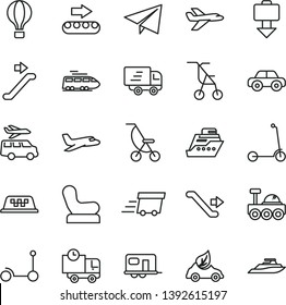 thin line vector icon set - paper airplane vector, Baby chair, summer stroller, sitting, motor vehicle, Kick scooter, child, delivery, production conveyor, eco car, urgent cargo, Express, train