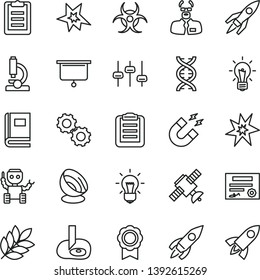 thin line vector icon set - rocket vector, microscope, dna, bulb, gears, settings, satellite, book, biohazard, magnet, scientist, clipboard, artifical insimination, medal, robot, antenna, biology