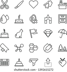 thin line vector icon set - tassel vector, scissors, add bookmark, silent mode, box of bricks, cake, birthday, Puzzle, heart, umbrella, flag, nightstand, move up, honeycombs, forest, drop, molecule