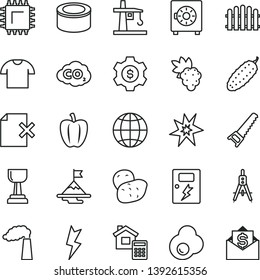 thin line vector icon set - hand saw vector, estimate, lightning, dangers, hedge, earth, delete page, strongbox, T shirt, canned goods, cucumber, fried egg, grape, Bell pepper, potato, manufacture
