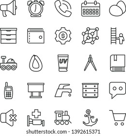 thin line vector icon set - purse vector, storage unit, chest of drawers, baby toy train, e, faucet mixer, alarm clock, anchor, no sound, megaphone, stick sausage, eggs, billboard, calendar, mobile
