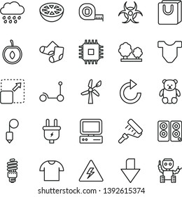 thin line vector icon set - danger of electricity vector, downward direction, clockwise, Child T shirt, rainy cloud, Knitted Socks, small teddy bear, Kick scooter, measuring tape, paint roller, plug