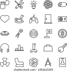 thin line vector icon set - heart symbol vector, Baby chair, rocking horse, small tools, adjustable wrench, key, ntrance door, headphones, sausage, pie, squash, water melon, slice of lemon, chart