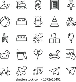 thin line vector icon set - paper airplane vector, toys over the cot, dummy, nipple, new abacus, baby duckling, bath ball, stacking toy, motor vehicle present, roly poly doll, mobile phone, train