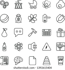 thin line vector icon set - baby stroller vector, bath ball, stacking rings, drumroll, door knob, hammer with claw, no sound, gift, fried egg, pear, liquor, horseshoe magnet, three gears, giftbox