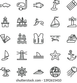 thin line vector icon set - anchor vector, small fish, sea port, commercial seaport, lighthouse, coastal, planet, sand castle, sail boat, beach, palm tree, starfish, flippers, diving mask, surfing