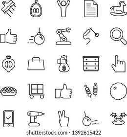 thin line vector icon set - cargo trolley vector, scribbled paper, magnifier, chest of drawers, small rocking horse, big core, drill, spatula, index finger, thumb up, fried vegetables on sticks