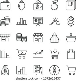 thin line vector icon set - negative histogram vector, positive, put in cart, crossed, bag with handles, kiosk, coins, blueberry, tamarillo, shopping basket, goal woman, chart, a crisis, wallet