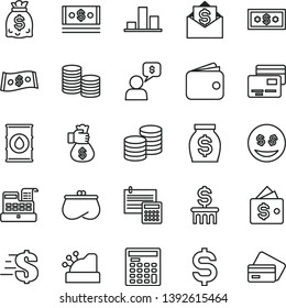 thin line vector icon set - dollar vector, calculation, cards, coins, oil, chart, denomination of the, wallet, purse, money, dollars, cash, engineer calculator, machine, cashbox, bag hand, column