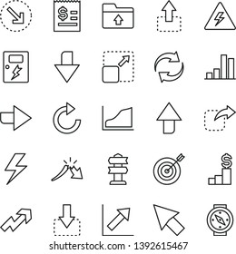 thin line vector icon set - lightning vector, danger of electricity, upward direction, downward, right, growth up, renewal, clockwise, chart, upload folder, dangers, expand picture, move, down, bar
