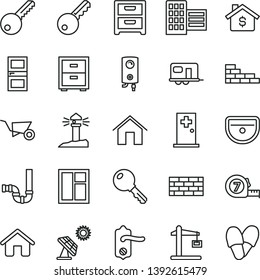 thin line vector icon set - bedside table vector, house, brickwork, brick wall, building trolley, window, long meashuring tape, sink, siphon, key, door knob, interroom, city block, boiler, home