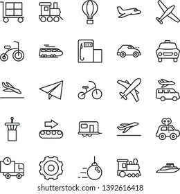 thin line vector icon set - truck lorry vector, cargo trolley, paper airplane, motor vehicle present, baby toy train, child bicycle, tricycle, big core, car, delivery, modern gas station, retro