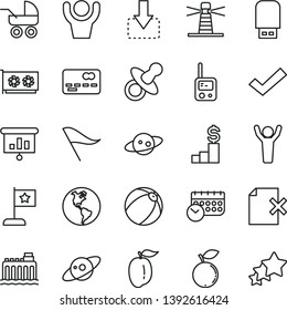thin line vector icon set - wind direction indicator vector, check mark, dummy, baby carriage, bath ball, toy phone, delete page, move down, blueberry, ripe plum, planet Earth, hydroelectricity, gpu