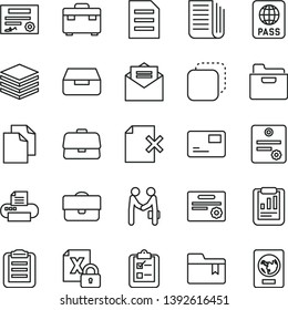 thin line vector icon set - clean paper vector, folder bookmark, suitcase, received letter, passport, pile, pass card, drawer, delete page, survey, copy, portfolio, briefcase, statistical report
