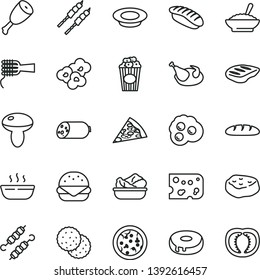 thin line vector icon set - sausage vector, piece of cheese, loaf, pizza, big burger, noodles, mushroom, cake with a hole, bowl buckwheat porridge, hot, lettuce in plate, milk, chicken, thigh, chop