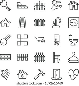 thin line vector icon set - house vector, a chair for feeding, brickwork, brick wall, building trolley, stepladder, toilet, power socket type f, tile, ceramic tiles, spatula, radiator, new, key, arm