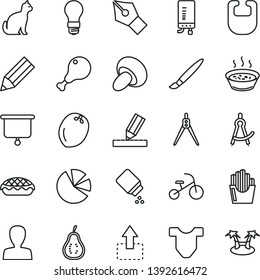 thin line vector icon set - tassel vector, woman, baby powder, bib, Child T shirt, tricycle, drawing, electronic boiler, move up, porcini, apple pie, porridge in a saucepan, chicken leg, coconut
