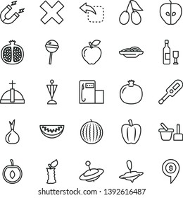 thin line vector icon set - cross vector, electronic thermometer e, toy sand set, yule, small, move left, slices of onion, Chupa Chups, pomegranate, half, red apple, tasty, cornels, water melon