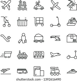 thin line vector icon set - cargo trolley vector, sitting stroller, baby toy train, Kick scooter, child, cardboard box, sea port, coal mining, modern gas station, battery, conveyor, with, urgent