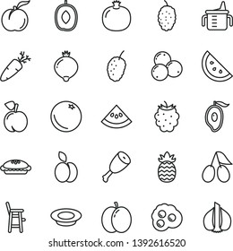 thin line vector icon set - measuring cup for feeding vector, a chair child, pie, plate of milk, chicken thigh, carrot, omelette, apple, orange slice, peach, ripe, pomegranate, cornels, medlar