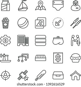 thin line vector icon set - toys over the cot vector, diaper, mercury thermometer, bath ball, buildings, brick, left bottom arrow, picture, map, drawer, package, cake, barbecue, cup of popcorn
