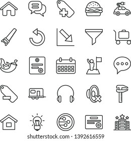 thin line vector icon set - counterclockwise vector, silent mode, add label, remove, negative chart, house, dwelling, hand saw, speech, headphones, burger, chili, electric car, calipers, filter
