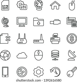 thin line vector icon set - monitor window vector, upload folder, house, calculation, smartphone, big data server, delete page, satellite antenna, SIM, dollar, mouse, router, printer, network, cloud