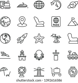 thin line vector icon set - Baby chair vector, car child seat, globe, passport, planet, lighthouse, geolocation, rocket, history, saturn, lunar rover, mountain flag, sand castle, earth, train