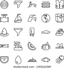 thin line vector icon set - measuring cup for feeding vector, sink, construction level, faucet mixer, electronic boiler, drop, small fish, a glass of tea, water melon, slice, valve, planet Earth