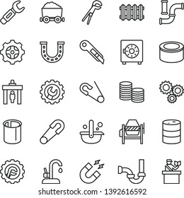 thin line vector icon set - safety pin vector, open, concrete mixer, adjustable wrench, sewerage, gear, star, stationery knife, new radiator, kitchen faucet, strongbox, canned goods, water pipes