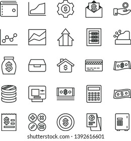 thin line vector icon set - bank card vector, purse, calculator, line chart, graph, new abacus, drawer, math actions, column of coins, article on the dollar, catch a coin, money, cash, cashbox, gear