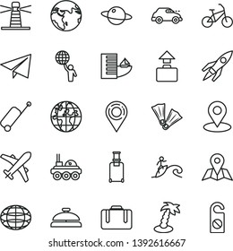 thin line vector icon set - paper airplane vector, map, planet, retro car, lighthouse, location, geolocation, globe, rocket, lunar rover, man hold world, earth, bike, suitcase, rolling, plane, case