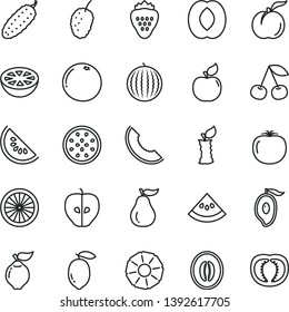 thin line vector icon set - cucumber vector, strawberry, cherry, ripe peach, quince, apricot, tasty apple, mulberry, water melon, slice of, half mango, lemon, passion fruit, orange, pineapple, guava