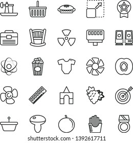 thin line vector icon set - grocery basket vector, cradle, t short, box of bricks, portfolio, expand picture, mushroom, pie, fried potato slices, cup popcorn, half apricot, branch grape, tangerine