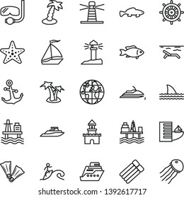 thin line vector icon set - anchor vector, small fish, sea port, commercial seaport, lighthouse, coastal, planet, sand castle, sail boat, hotel, beach, palm tree, starfish, flippers, diving mask