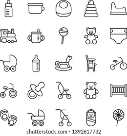 thin line vector icon set - baby cot vector, dummy, mug for feeding, bottle, measuring, diaper, bib, stroller, carriage, summer, sitting, stacking rings, roly poly doll, children's potty, chair