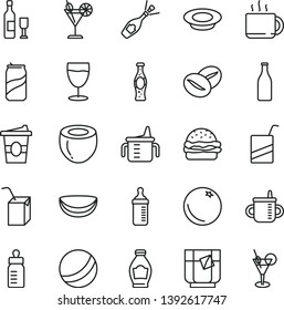 thin line vector icon set - mug for feeding vector, measuring cup, bottle, bath ball, e, packing of juice with a straw, burger, plate milk, coffee beans, tea, coffe to go, glass, cocktail, soda can
