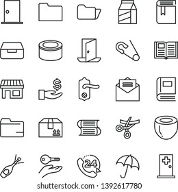 thin line vector icon set - folder vector, book, open pin, books, door knob, ntrance, received letter, umbrella, drawer, cardboard box, 24, package, canned goods, half of coconut, stall, get a wage