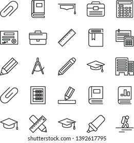 thin line vector icon set - clip vector, briefcase, graphite pencil, yardstick, book, new abacus, portfolio, buildings, writing accessories, drawing, calculation, square academic hat, on statistics