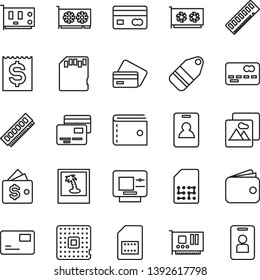 thin line vector icon set - purse vector, picture, pass card, cards, label, processor, SIM, reverse side of a bank, front the, financial item, wallet, memory, pc, gpu, sd, identity, atm, credit