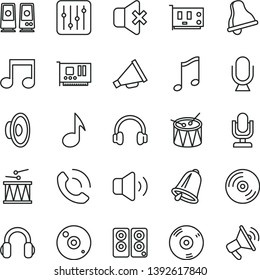 thin line vector icon set - bell vector, desktop microphone, horn, loudspeaker, drumroll, drum, music, CD, regulator, volume, no sound, phone call, pc card, headphones, speaker, note