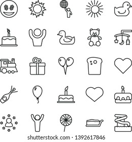 thin line vector icon set - heart symbol vector, toys over the cradle, rubber duck, baby duckling, teddy bear, children's train, colored air balloons, balloon, cake, gift, Easter, slice, torte, sun