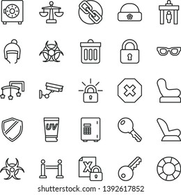 thin line vector icon set - mark of injury vector, spectacles, scales, toys over the cot, Baby chair, car child seat, winter hat, warm, dust bin, lock, key, strongbox, encrypting, glasses, biohazard