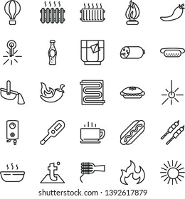 thin line vector icon set - electronic thermometer vector e, heating coil, temperature, boiler, coffee, sausage, Hot Dog, mini, noodles, pie, porridge, barbecue, chili, a glass of tea, bottle soda