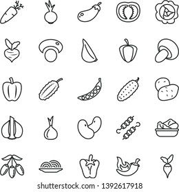 thin line vector icon set - onion vector, porcini, lettuce in a plate, meat on skewers, cucumber, chili, peper, beet, garlic, carrot, squash, goji berry, half tomato, Bell pepper, ripe, potato, peas