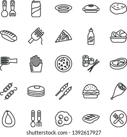 thin line vector icon set - plastic fork spoons vector, iron, stick of sausage, pizza, piece, burger, spaghetti, noodles, pie, lettuce in a plate, grill chicken leg, bacon, chop, barbecue, sushi set